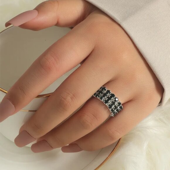 3/$35 Black Rhinestone Elastic Stretch Ring Stackable Diamond Stone Women - Picture 1 of 5